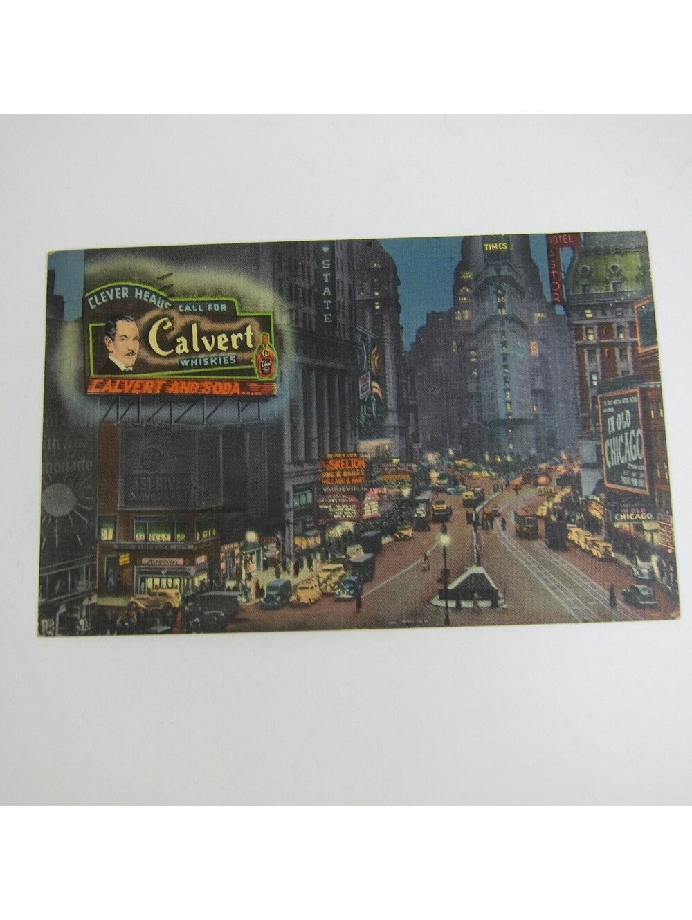 Linen Postcard New York City Times Square Night Calvert Whisky Vintage 1939 RARE